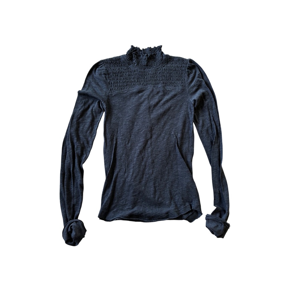 We The Free Womens Shirt Small Gray Smocked Mock Neck‎ Long Sleeve OB1224273